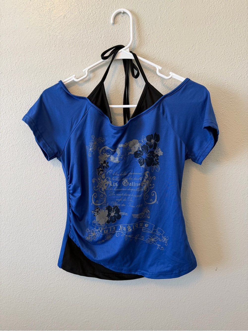 Y2K Style Blue Off The Shoulder Halter Top Graphic Tee Layered Emo Punk Retro